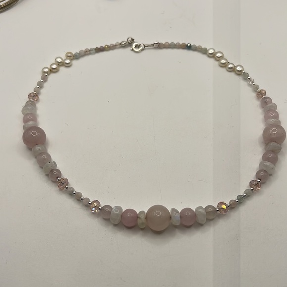 ROSE QUARTZ, MOONSTONE, MORGANITE, PINK AB CRYSTAL, AND STERLING NECKLACE 17” - Picture 14 of 15
